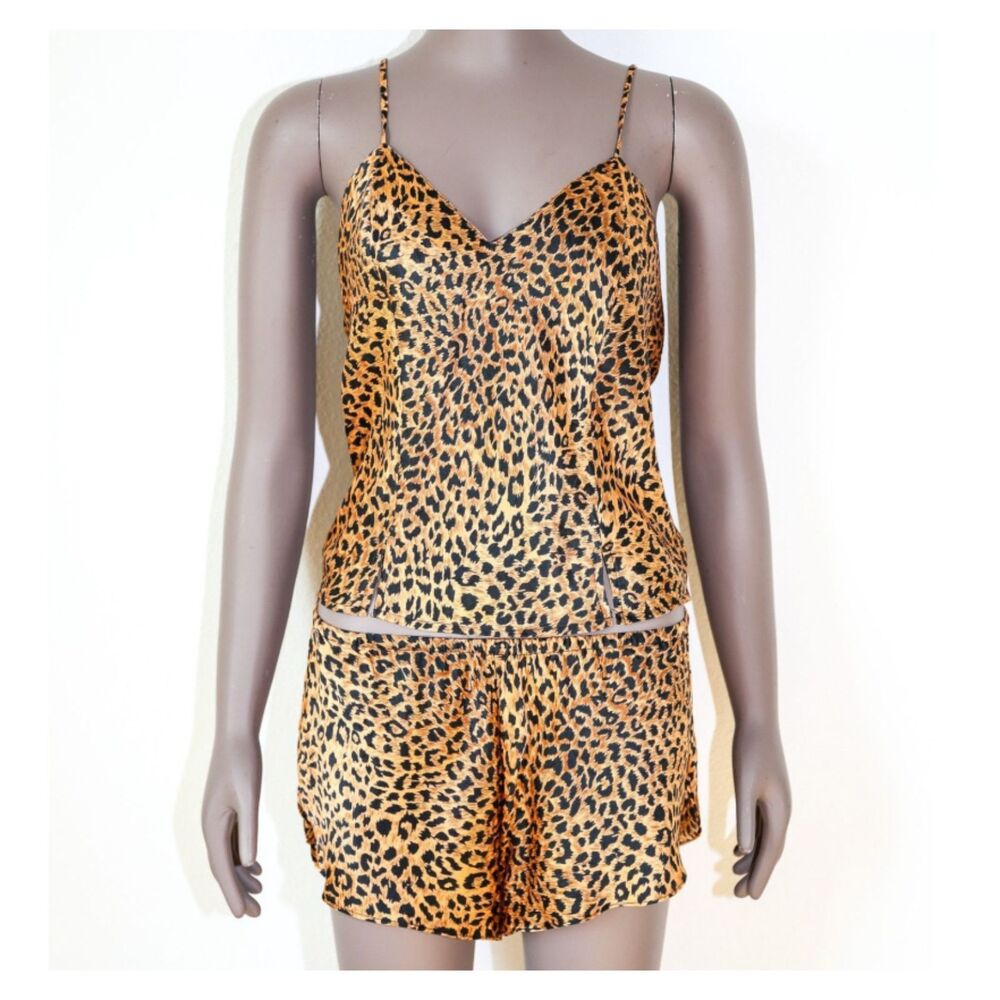 Silk Leopard Print Cami Shorts Set Medium‎ Satin Slip Y2K Lounge Bridal Pajama